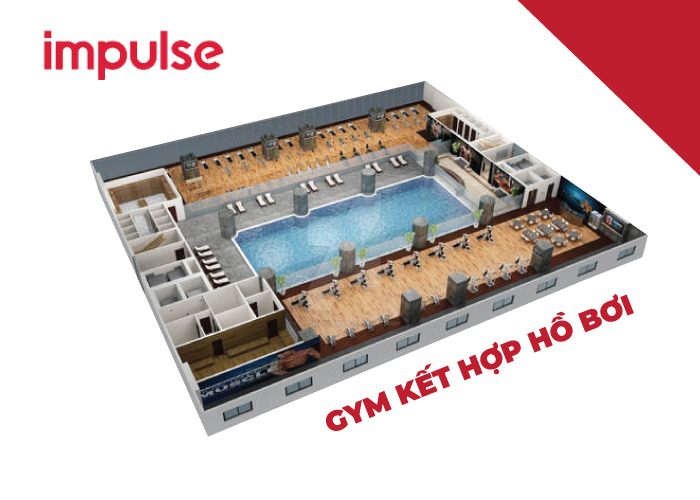 Mẫu thiết kế 3D phòng gym có kết hợp hồ bơi