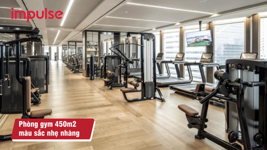 Mẫu thiết kế phòng gym 450m2 màu sắc nhẹ nhàng